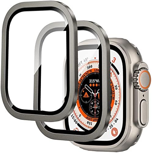 Miimall [2 חבילה] תואם למגן מסך Apple Watch Ultra 49 ממ, מסגרת מתכת + 9 שעות זכוכית מחוסמת, סרטי מגן מסך רגישים